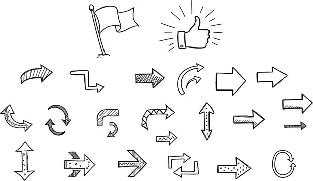 18 Directional and Symbolic Icon Set with Arrows, Flags, and Thumbs Up for Creative and Interactive Design Projects
