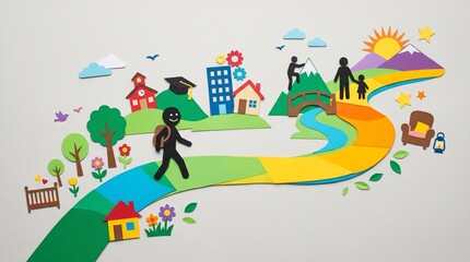 Obraz premium A vibrant path winds through life’s milestones—learning, working, climbing mountains, and raising a family—capturing the essence of personal growth and the pursuit of a legacy.