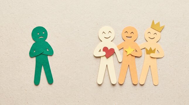 A sad figure stands apart from a joyful group holding symbols of love, success, and status, depicting the pain of envy, social exclusion, and the sting of comparison in life.
