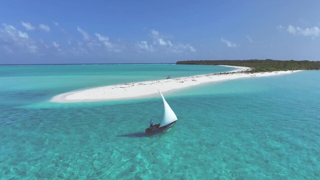 Aerial view of a traditional dhoni sailboat with a white sail gliding through turquoise waters near a white sand beach and lush island in Bileffahi, Shaviyani Atoll, Maldives.