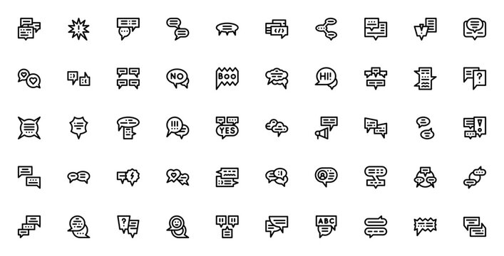 Speech bubble icon set. Minimal vector pack. Communication symbols for chat, message, talk, conversation, quote, dialog, comment, feedback, speaking, text, notification, speech balloon, and more.