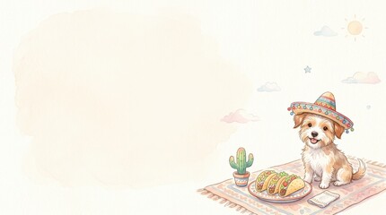 Naklejka premium Happy puppy in a colorful sombrero sits on a patterned rug with tacos and a potted cactus