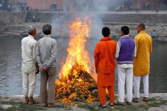 Monks and relatives watching cremation ceremony on bagmati river bank in kathmandu