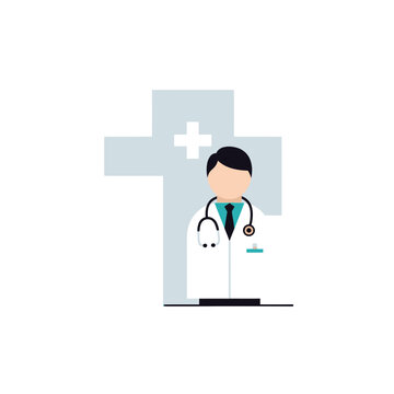 Doctor wearing stethoscope and white coat with a cross symbol.