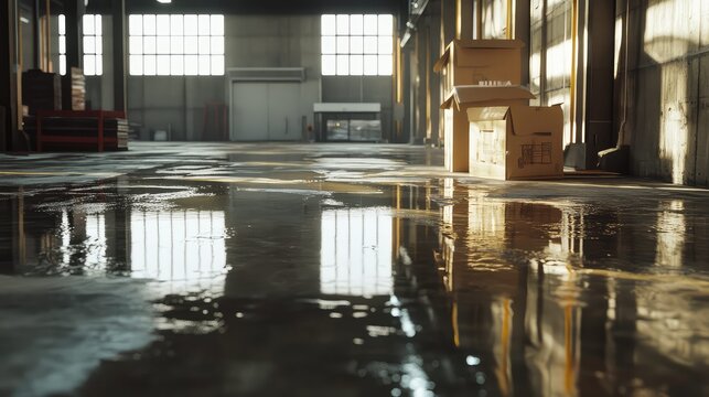 Empty industrial warehouse floor with water puddles and boxes