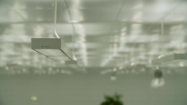 Modern suspended ceiling lights in focus with blurred background, office interior setting