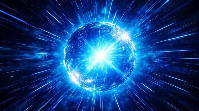 Glowing blue sphere radiating light and particles in a dark space