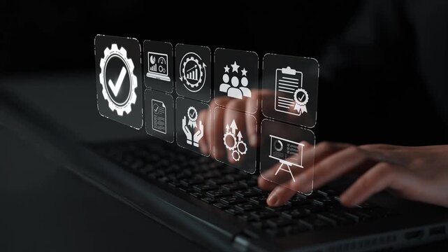 Hands Typing on Keyboard with Transparent Icons Representing Technology, Management, and Data Analysis in a Modern Digital Environment Sigmoid