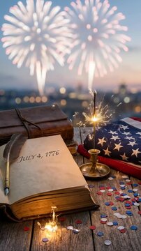 Sparkler burning, demonstrating a patriotic United States of America Independence Day celebration, showing a book inscribed July 4 1776, quill, USA flag, and confetti, with evening fireworks overhead.