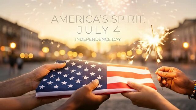 United States of America flag fabric held by human hand, celebrating patriotic Independence Day on July 4, with firework exploding and sparkler glowing in evening.