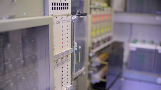 Close-up of control panels and indicator lights in an industrial or technical room
