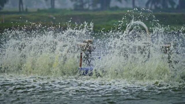 Paddle Wheel Aerator Running in Aquaculture Pond Creating Water Splash at Bhimavaram, andhra pradesh, india. day time, zoom out shot, hand held shot, 4k.