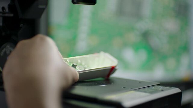 Technician handling electronic component under microscope in electronics lab setting