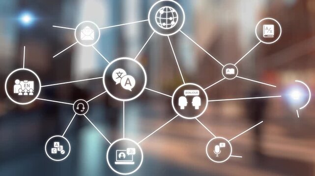 Translation icons show international languages, interpretation, and communication. Translation helps global business, translation supports learning, and translation improves cultural exchange. Gist