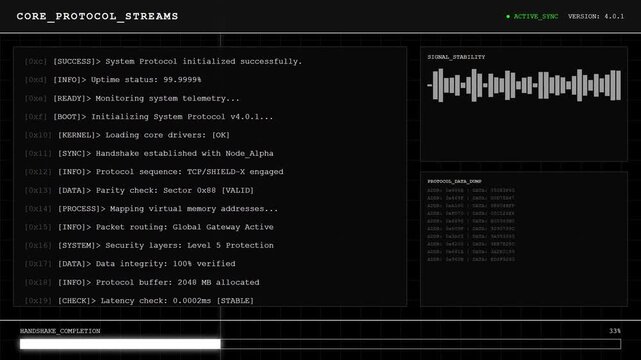 Futuristic Core Protocol Streams HUD with Digital Data Monitoring Interface and Global Signal Stability Telemetry Analytics Loading Screen.