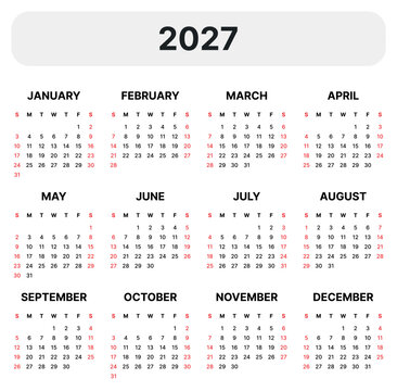 Minimal 2027 calendar template with clean layout Sunday start grid modern simple planner design black red dates yearly overview printable schedule organizer corporate style isolated background design.
