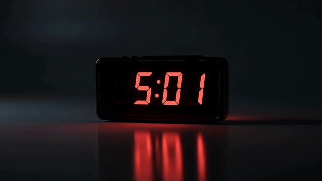 Red digital alarm clock glowing in dark room showing time with soft reflection on surface