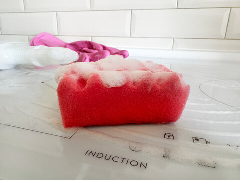 dirty plate with sponge and cleaning detergent