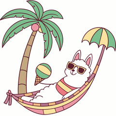 Fototapeta premium Creative SVG: Happy Alpaca with in a hammock in a Beach Bliss colored Summer Vacation theme
