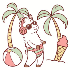 Fototapeta premium An adorable Alpaca with a Playful vibe, wearing headphones, and a Beach Bliss Summer Vacation theme – SVG style