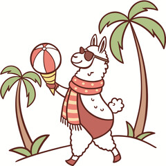 Fototapeta premium Excited expression on a Alpaca in a Summer Vacation theme, with with a scarf – Beach Bliss vector art