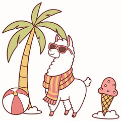 Fototapeta premium Delightful Bashful Alpaca in a Summer Vacation scene with with a scarf – Beach Bliss vector illustration
