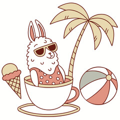 Fototapeta premium Cute SVG of a Shy Alpaca in Beach Bliss colors, featuring sitting in a teacup ride in a Summer Vacation setting