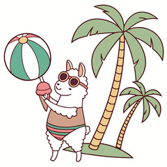 Fototapeta premium SVG art: A Grumpy Alpaca in a Summer Vacation vibe with with a balloon, tinted with Beach Bliss tones
