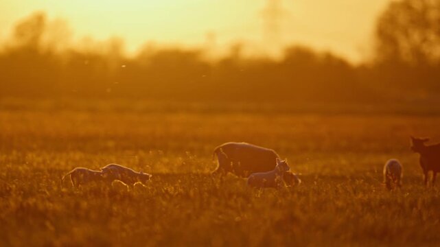 Energetic young free range lambs pronking at golden hour in countryside meadow