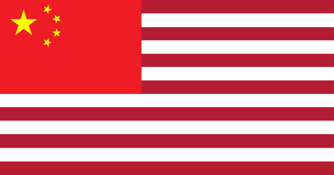 vector illustration of a combined flag featuring Chinese stars and American stripes for international relations themes.