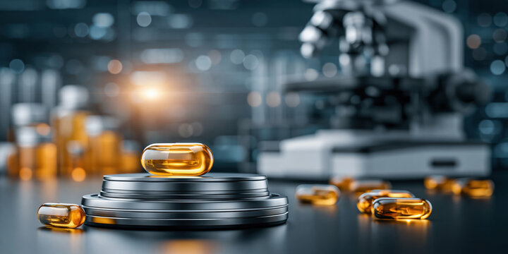 Golden softgel capsule metal podium laboratory showcasing pharmaceutical industry innovation