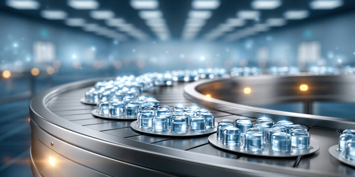 Pharmaceutical industry packaging line with blister pack tablets conveyor showing production