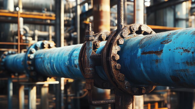 Industrial pipeline system showing blue rusted metal infrastructure