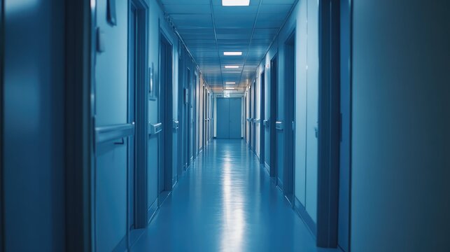 Empty long hospital corridor with blue lighting
