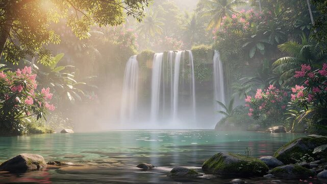 Tranquil jungle paradise with vibrant blooming flowers and cascading waterfalls in lush tropical forest