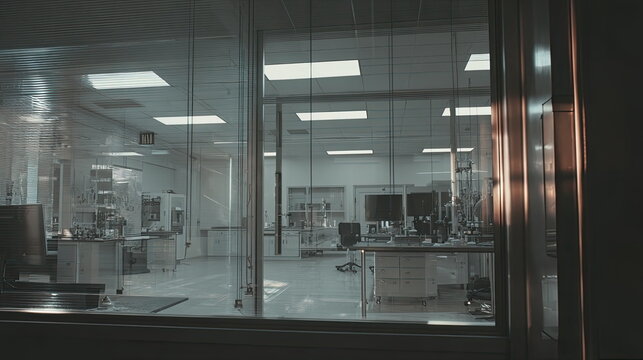 Modern research facility cleanroom interior with lab equipment