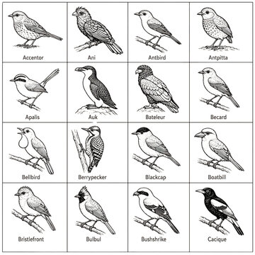 Vintage bird species chart with 16 engraved illustrations, antique ornithology collection, black and white wildlife identification guide isolated PNG with Transparent Background