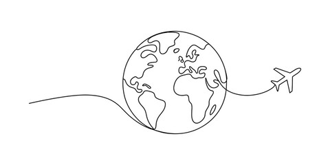Single line drawing of an airplane flying around the world globe © Graphics Art
