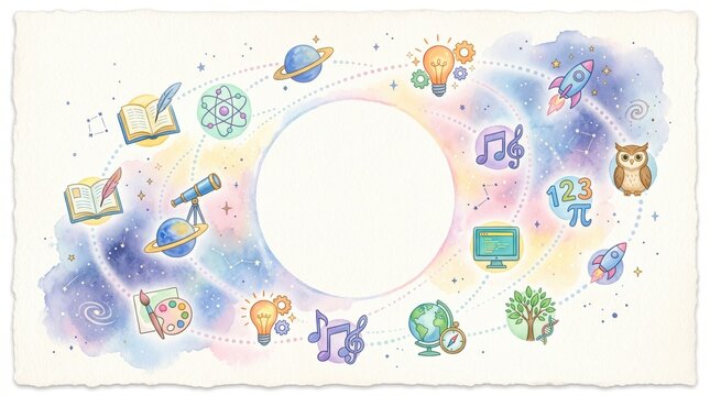 Academic icons in watercolor galaxy frame bright, empty center of diverse learning