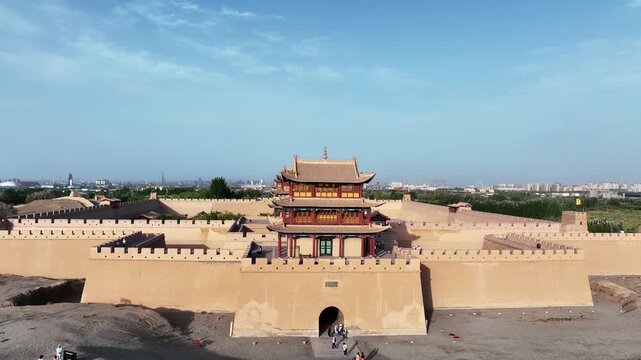 Aerial View of Jiayuguan Fortress in China Under Blue Sky