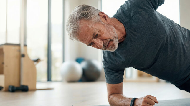 Senior man performing a side plank exercise with intense focus