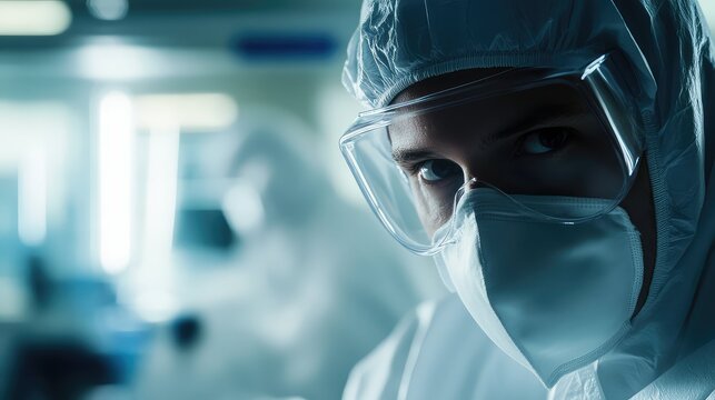 Scientist person working in biohazard personal protective equipment