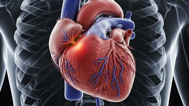 Detailed CGI Visualization of Human Heart Showing Heart Attack Dynamics with Anatomical Precision and Vascular Disruption in Medical Context