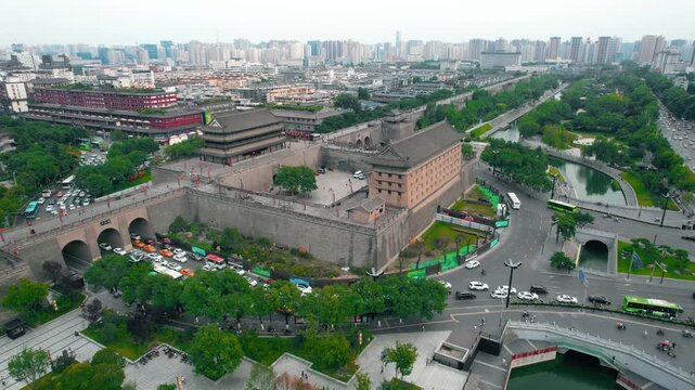 Aerial view of Xi'an ancient city wall and gate in China