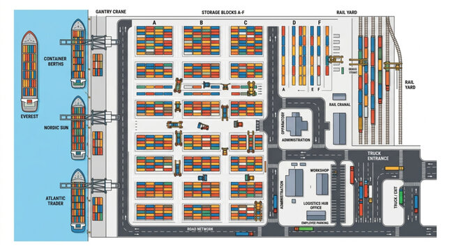 Large cargo ship deck plan layout.