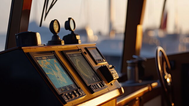 Yacht bridge console displaying gps navigation system at sunset