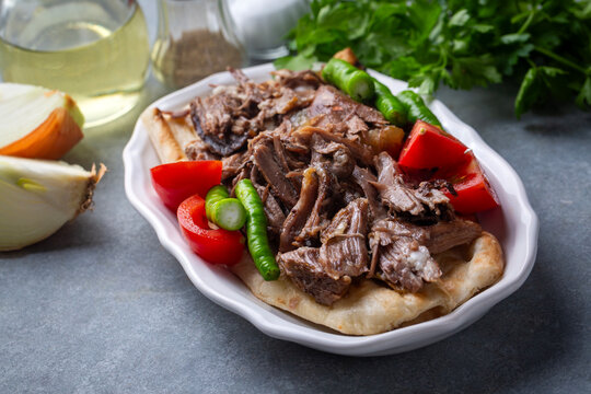 Traditional Turkish Lamb Oven Kebab Served on Flatbread - Turkish name; tandir kebabi or firin kebabi
