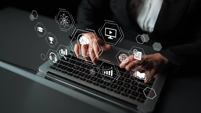 Business Professional Using Laptop with Digital Interface Technology Icons Representing Innovation, Data, Learning, and Communication in Modern Workspace Gluon.