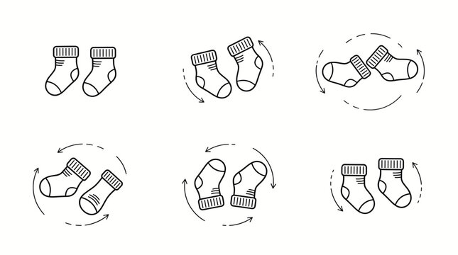 Six clean line art icons of baby socks. The sequence uses arrows to demonstrate how to rotate or turn the sock. A minimalist vector illustration on a white background.