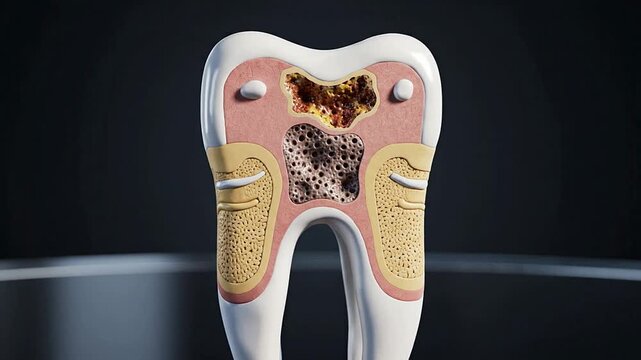 Detailed Medical CGI Visualization Of A Decayed Tooth Cross-Section Showcasing Tooth Structure, Damage, And Anatomy For Dental Education And Health Themes
